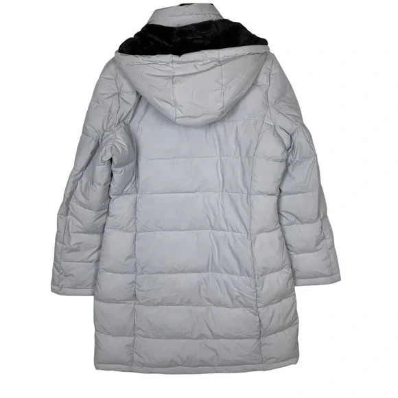 Andrew Marc Light Grey Quilted Hooded Lined Long Stretch Winter Jacket Medium - Picture 2 of 7